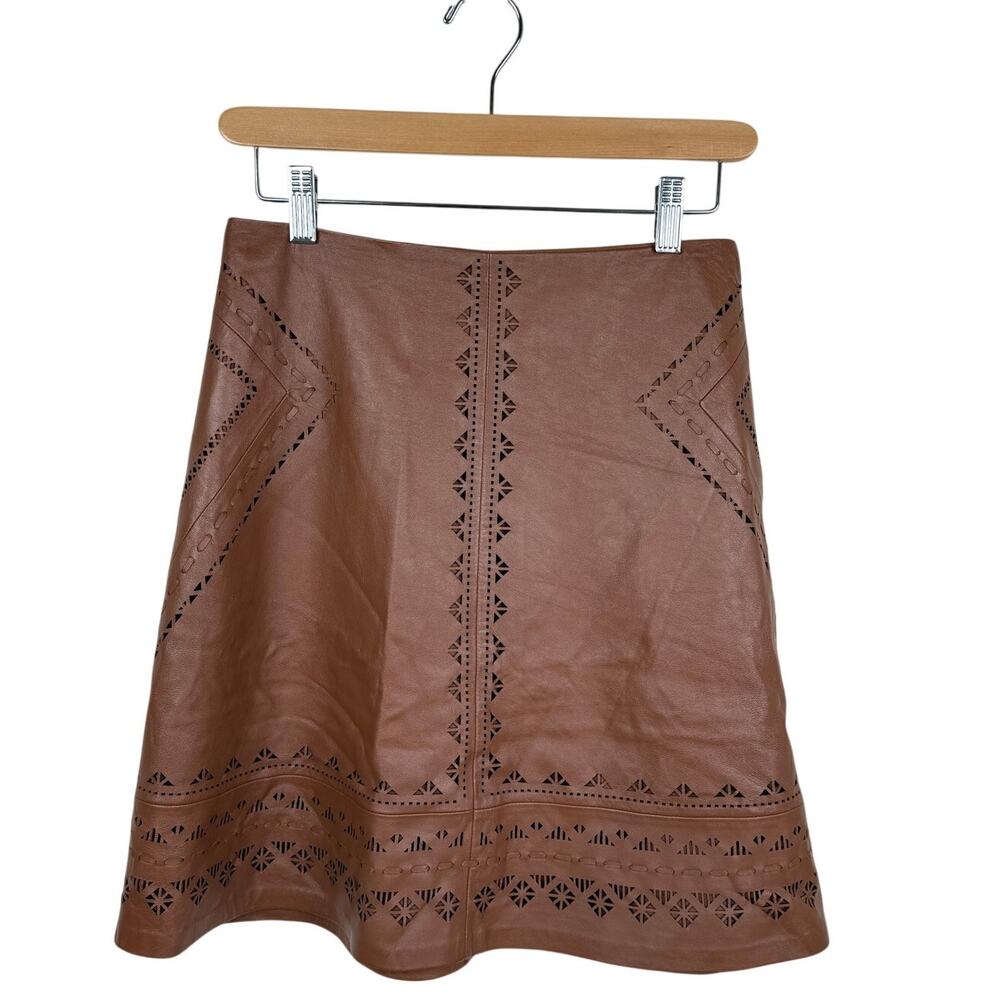 White House Black Market Genuine Leather A Line Mini Skirt Brown Laser Cut Boho